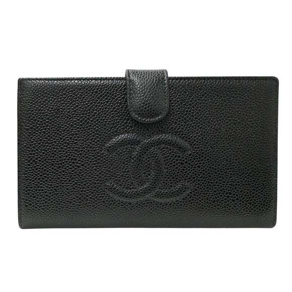 CHANEL Authentic Black Caviar Leather Logo Wallet